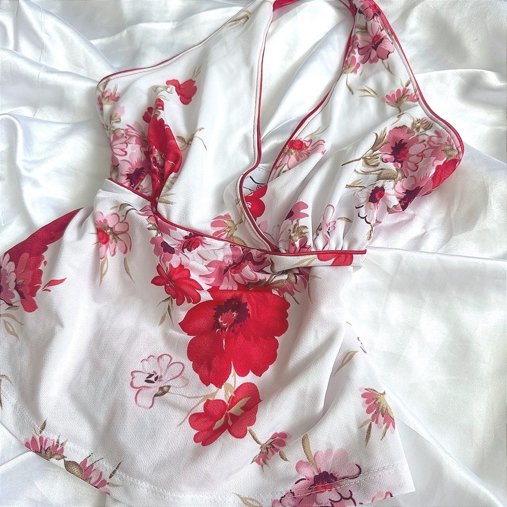 Vintage Koi Floral Halter Top Red Pink White Surplice Neck Medium KT1145